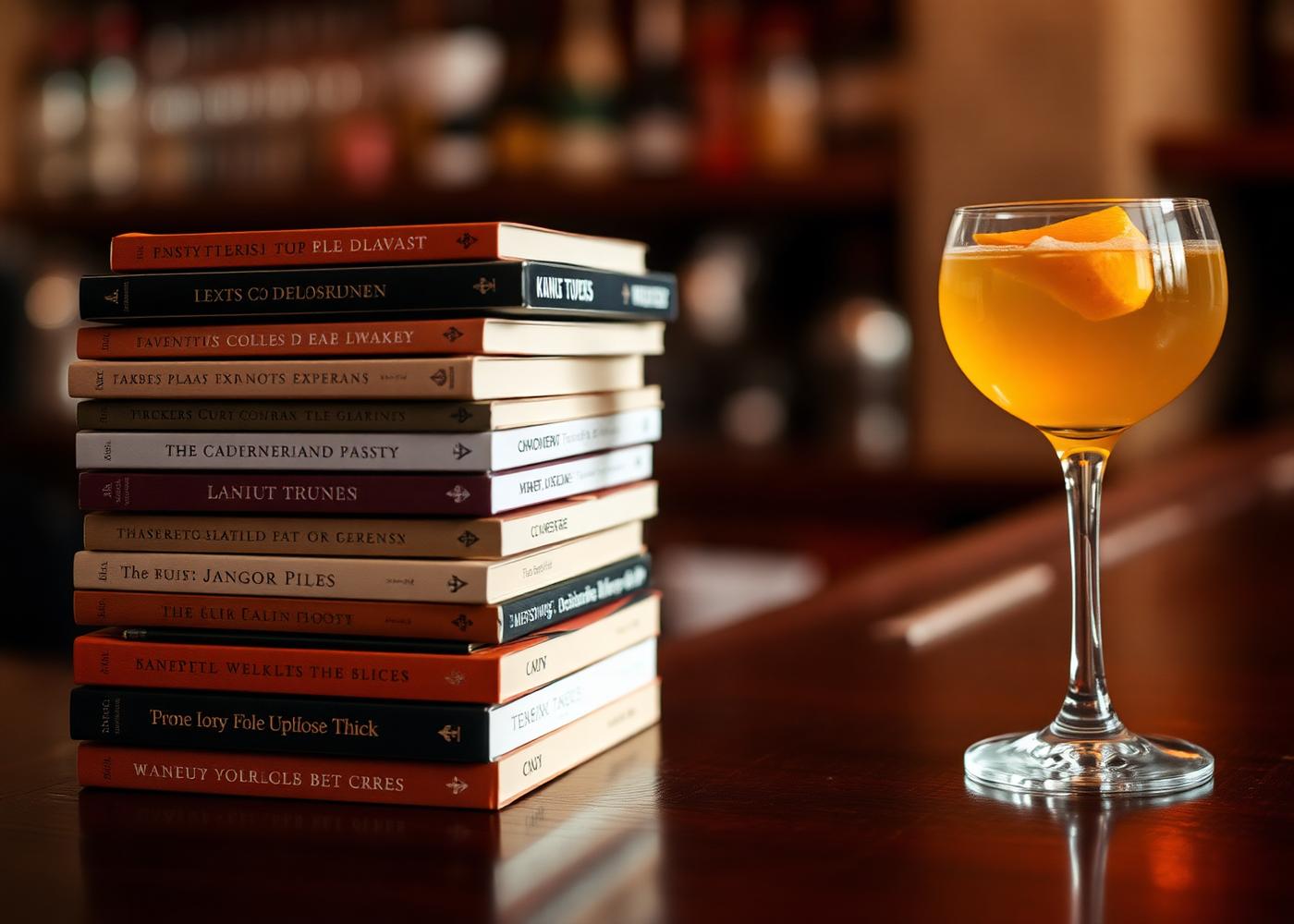 Stack of paperbacks beside a cocktail on the bar at Sidebar